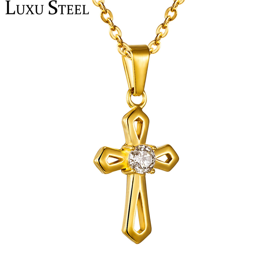 LUXUSTEEL Crystal Jusus Cross Gold Color Stainless Steel