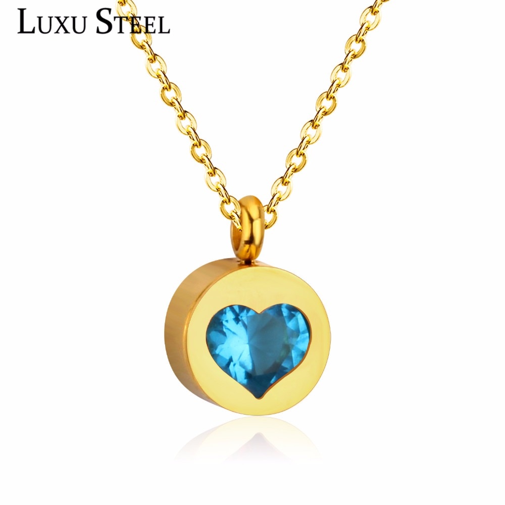 LUXUSTEEL White/Red/Blue/Black/Pink Heart Crystal Round Pendants Necklace