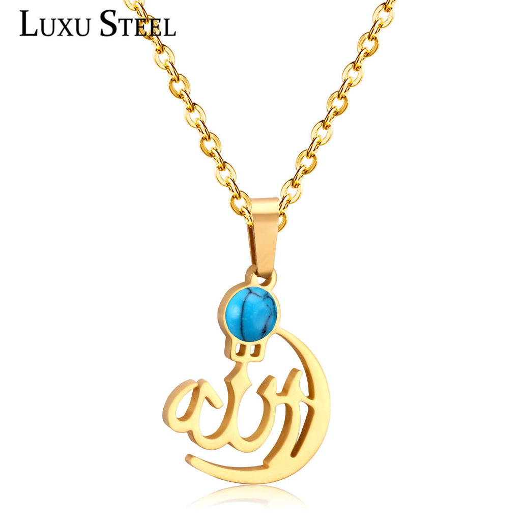 LUXUSTEEL Muslim Allah Blue Color Opal Islamic Crescent Moon