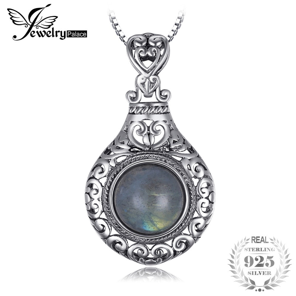 JewelryPalace New Vintage 2.6ct Natural Labradorite Carved Sterling Silver