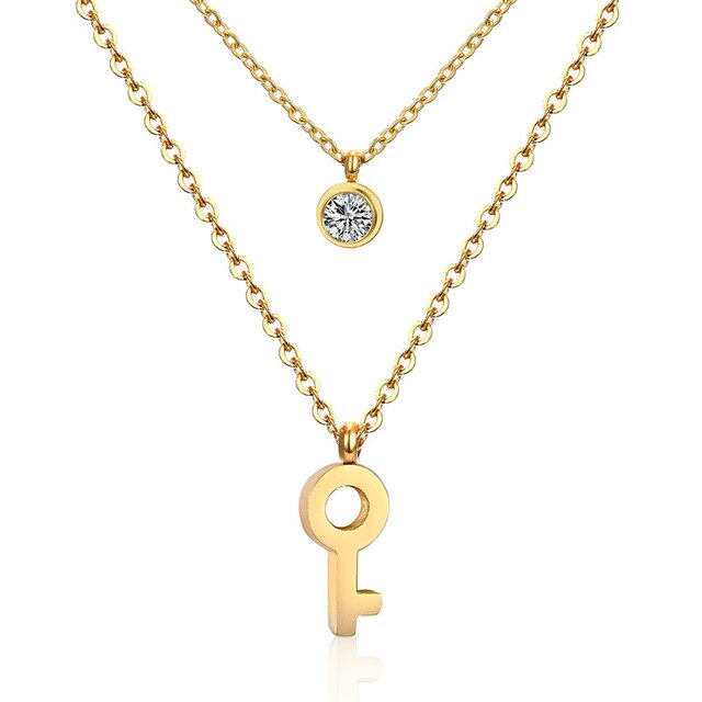 LUXUSTEEL Double Layer Gold Cross Necklace With Round Cubic Zirconia