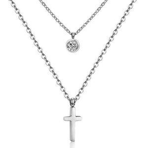 LUXUSTEEL Double Layer Gold Cross Necklace With Round Cubic Zirconia