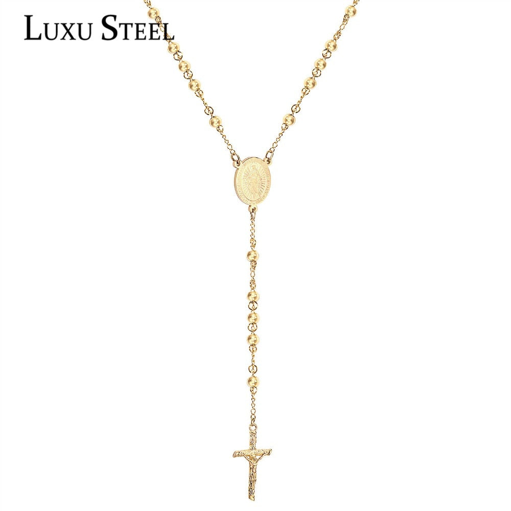 LUXUSTEEL Cross Pendant Necklace Long Beaded Stainless Steel