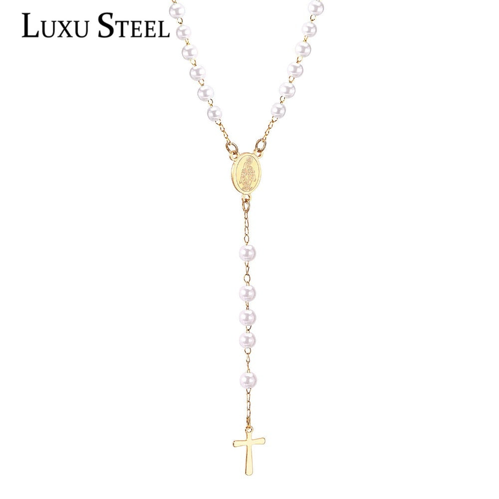 LUXUSTEEL Catholic Rosary Beads Cross Necklace Stainless Steel