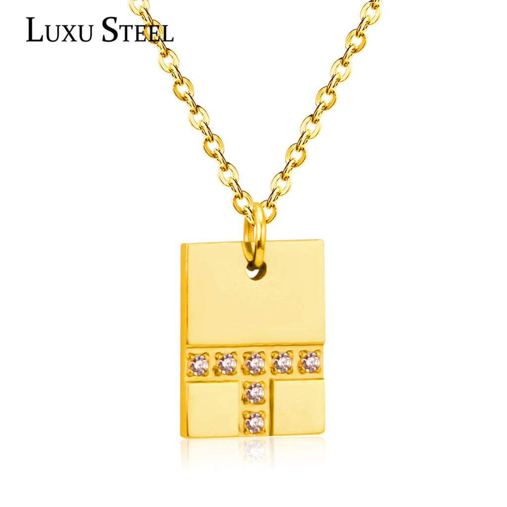 LUXUSTEEL Stainless Steel Necklace Gold Color Geometry With Charm Crystal Chain